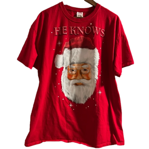 Men’s Red Christmas Santa “He Knows” Graphic Tee Size 2XL